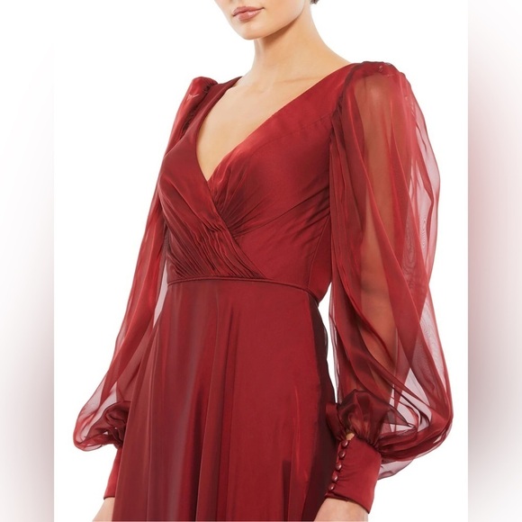 Mac Duggal 67873 NWOT SHEER BLOUSON SLEEVE SURPLICE GOWN - garnet - Picture 3 of 7